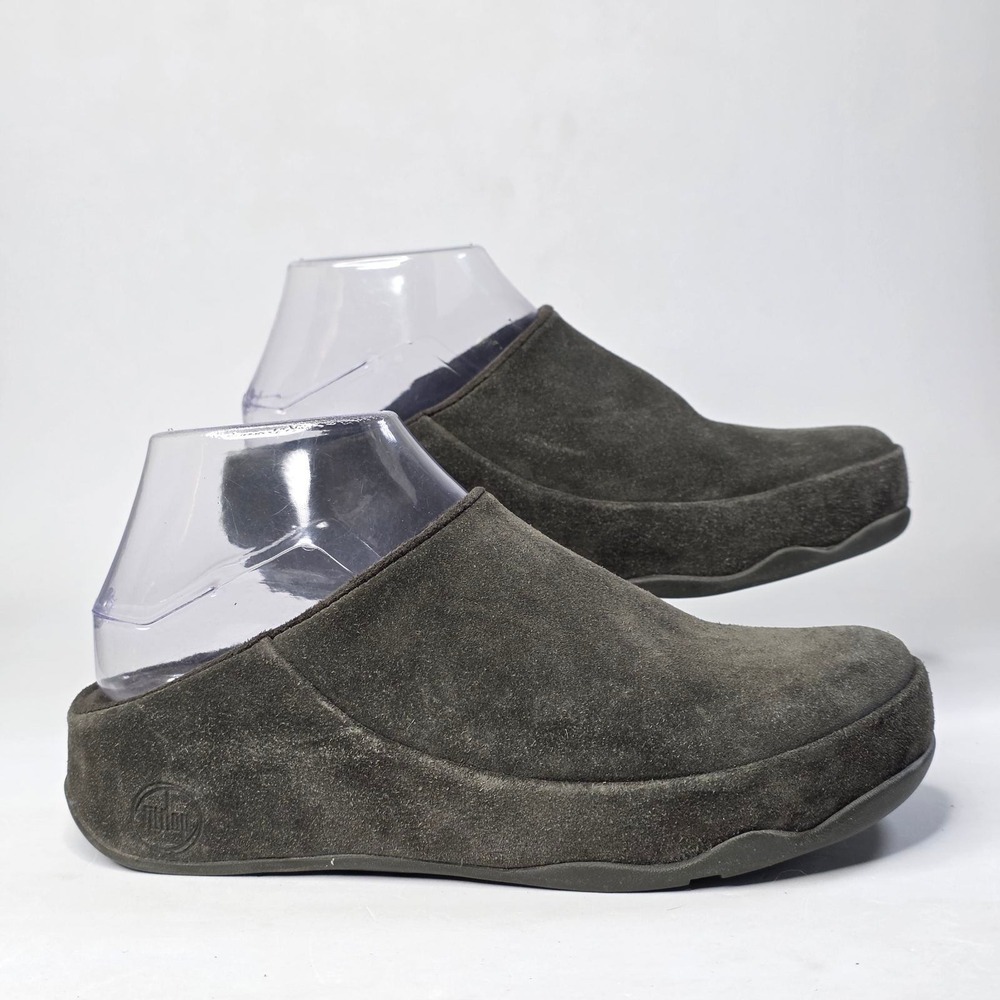 FitFlop Shuv Mules Womens 7 Dark Green Suede Clogs Slip On Platform Casual Shoes